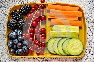 Healthy school lunch box with fresh vegetables and fruits