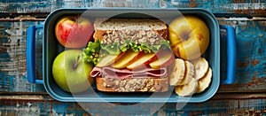 Healthy School Lunch Box With Sandwich, Apples, and Nuts