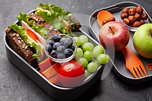 Healthy school lunch box with sandwich and fresh vegetables