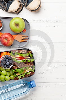 Healthy school lunch box with sandwich and fresh vegetables