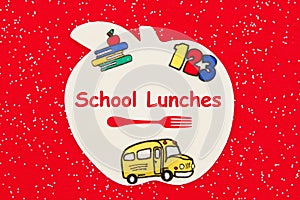 Healthy school lunch message with a wood apple with school icons