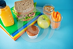 Healthy school lunch with a sandwich, fresh fruits and juice