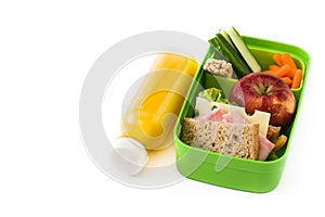 Healthy school lunch: Sandwich, vegetables ,fruit and juice isolated