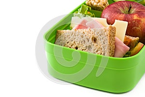 Healthy school lunch: Sandwich, vegetables ,fruit and juice isolated