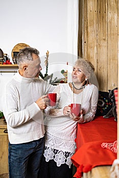 healthy seniors lifestyle. Senior couple drinks tea in the kitchen at home.