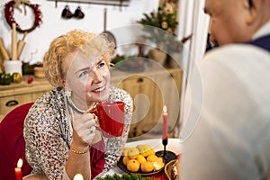 healthy seniors lifestyle. Senior couple drinks tea in the kitchen at home.