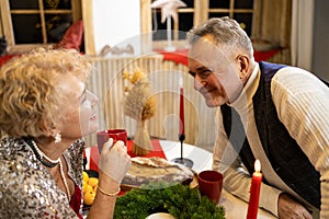 healthy seniors lifestyle. Senior couple drinks tea in the kitchen at home.