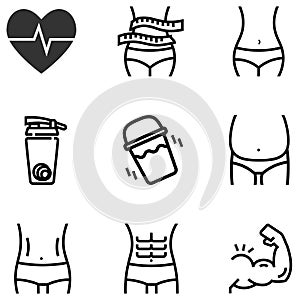 Healthy shape fat loss icon and body muscle builder by meal replacement shake cup and icon six pack and overweight naked icon