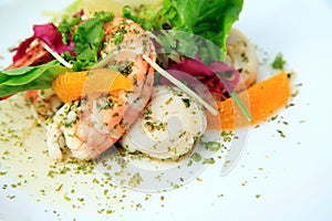 Healthy Shrimp salad portion ready to eat mixed with green vegetables