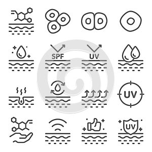 Healthy Skin icons set vector illustration. Contains such icon as Skin Care, UV Protection, Cell, Dry Skin Expanded Stroke photo