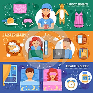 Healthy Sleep Concept Flat Banners Set