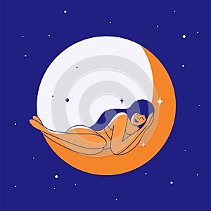 Healthy sleep, sweet dream, modern witch vector illustration with beautiful female sleeping lying on crescent moon