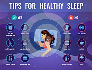 Healthy sleep. Women in bed with tips icons for good sleep, night space dream, causes deprivation, insomnia brochure