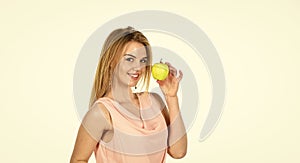 Healthy smile. Dentistry concept. Teeth whitening. Woman hold apple. Fresh and juicy snack. Girl live healthy life