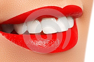 Healthy smile. Teeth whitening. Dental care concept. Beautiful lips and white teeth