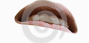 Healthy Smile. Teeth Whitening. Dental care Concept. Woman Smile Closeup. Beautiful Lips and Teeth over white background