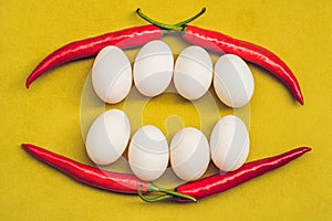 Healthy Smiling food face. Breakfast food concept, happy easter concept. White Smile Teeth from eggs and red pepper