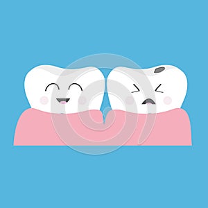 Healthy smiling tooth gum icon. Crying bad ill teeth caries care. Cute character set. Oral dental hygiene. Baby background. Flat d