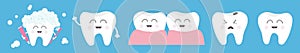 Healthy smiling white tooth icon set line. Crying bad ill teeth. Toothbrush toothpaste bubble foam. Before after concept. Cute