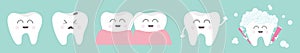 Healthy smiling white tooth icon set line. Toothbrush toothpaste bubble foam. Crying bad ill teeth.Before after concept. Cute