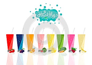 Healthy smoothie collection balance diet menu, fresh drinking pr
