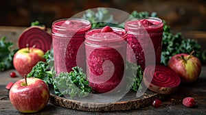 healthy smoothie recipe, energizing beet, apple, and kale smoothie in mason jar packed with nutrients for a refreshing photo