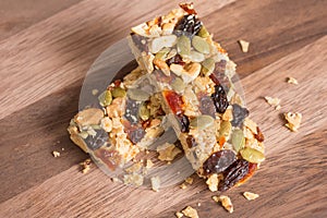 Healthy Snack, Cereal granola bars with nuts and dried fruit.