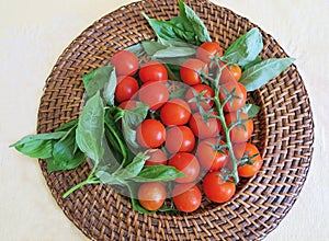 Healthy snack of cherry tomatoes on a stem with basil on wicker plate for vegans