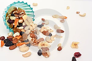 Healthy snack food trail mix of mixed nuts and dried fruits