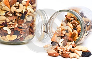 Healthy snack food trail mix of mixed nuts and dried fruits