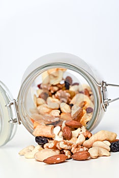 Healthy snack food trail mix of mixed nuts and dried fruits