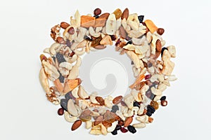 Healthy snack food trail mix of mixed nuts and dried fruits