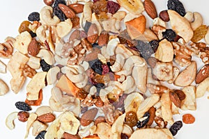 Healthy snack food trail mix of mixed nuts and dried fruits