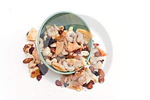 Healthy snack food trail mix of mixed nuts and dried fruits