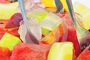 Healthy snack fresh fruit dessert with watermelon, melon, nectarins