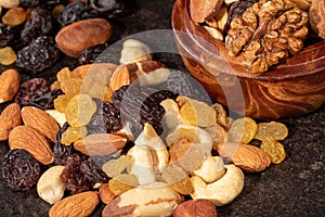 Healthy snack option: close-up of assorted nuts and dried fruits mix