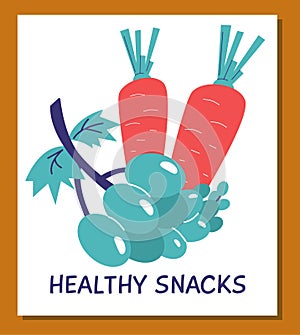 Healthy snack poster template with carrot and grapes, flat vector illustration.