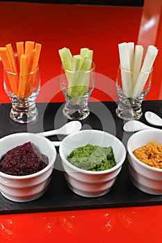Healthy snacks - four colorful vegetable mousses