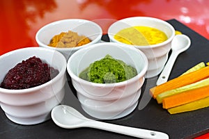 Healthy snacks - four colorful vegetable mousses