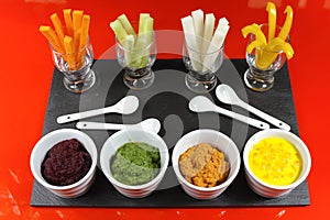 Healthy snacks - four colorful vegetable mousses