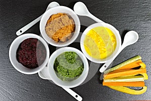 Healthy snacks - four colorful vegetable mousses