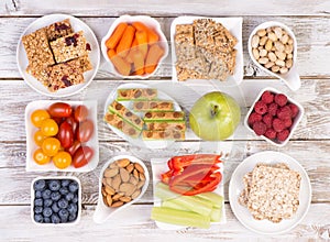 Healthy snacks on wooden table