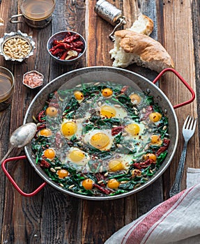 Healthy Spinach with fried egg, turkish cuisine
