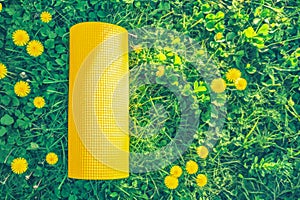 Healthy sport lifestyle background with rolled yellow yoga mat on grass with dandelions