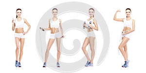 Healthy, sporty and beautiful girl isolated on white background. Woman in a fitness workout collection. Nutrition, diet