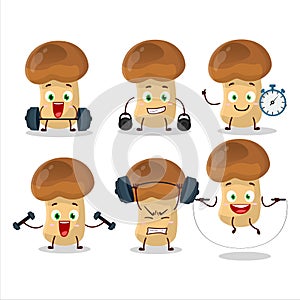 A healthy straw mushroom cartoon style trying some tools on Fitness center