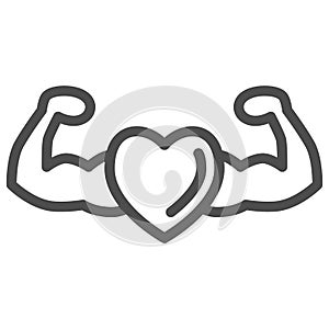 Healthy and strong heart line icon, Gym concept, strong health sign on white background, heart with muscle arms icon in