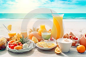 Healthy summer breakfast on sand beach near sea water over blue sky. Summer holiday or vacation background. Created with