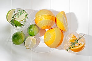 Healthy summer cocktails, mocktails. Set of different citrus lemonades mojitos, with lime, orange, diet detox drinks