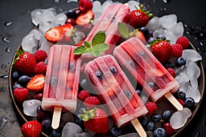 Healthy summer food concept assorted berry popsicles on a metal plate, a top view flat lay